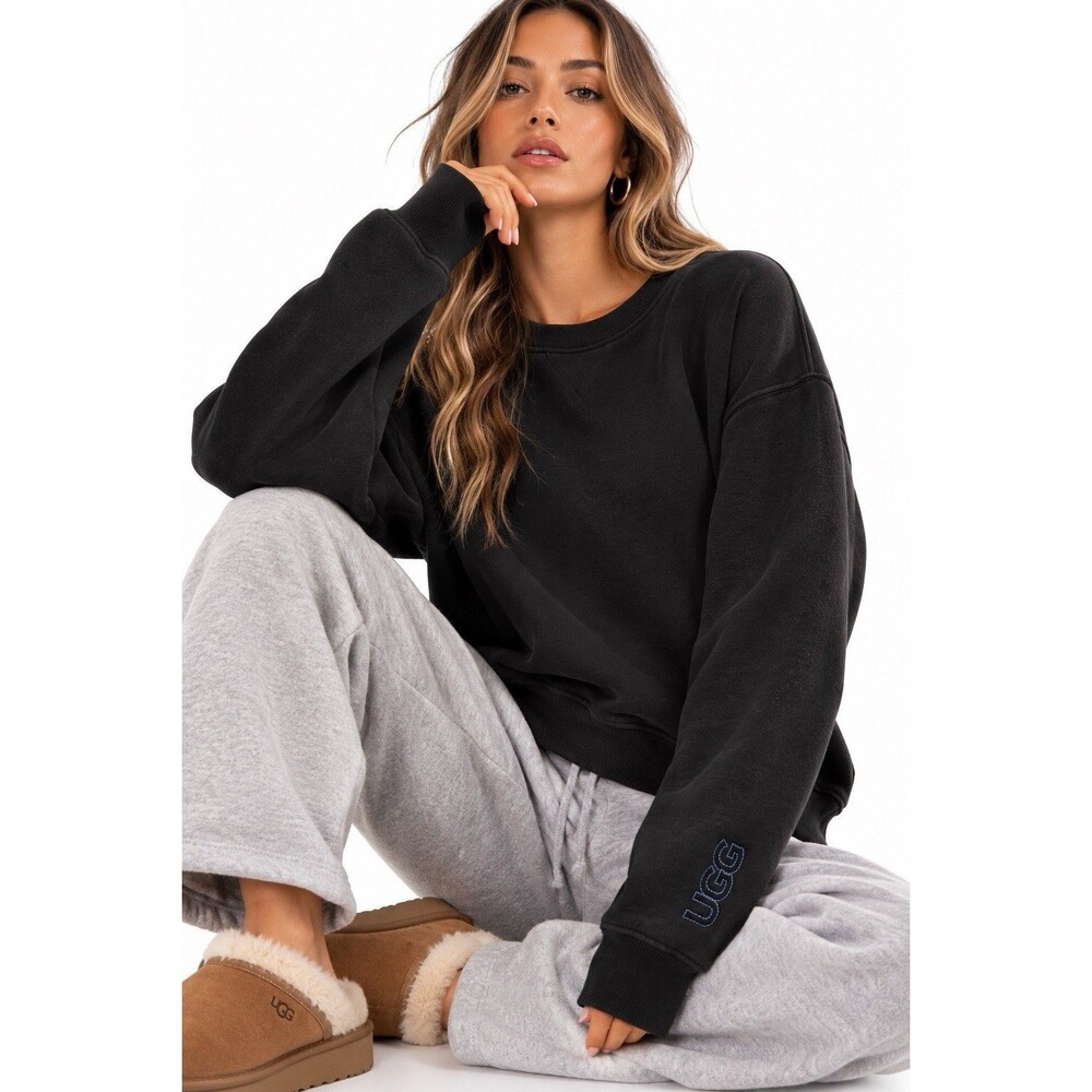 UGG RTW Black Fleece Crewneck Sweatshirt Blue Embroidered Logo Size S